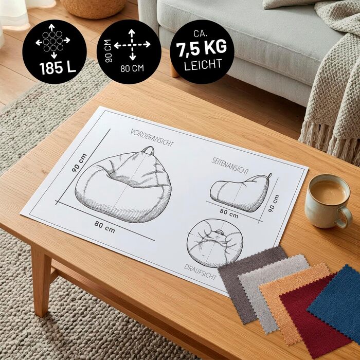 Мішок для сидіння Lumaland Comfort Line 80x90x50 см, темно-сірий - м'яке та зручне крісло-мішок для дітей та дорослих з EPS-гранулами