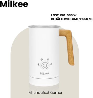 Електричний спінювач молока ZEEGMA MILKEE 500W, 650 мл, для капучино, лате, какао, антипригарне покриття, сенсорне керування, білий