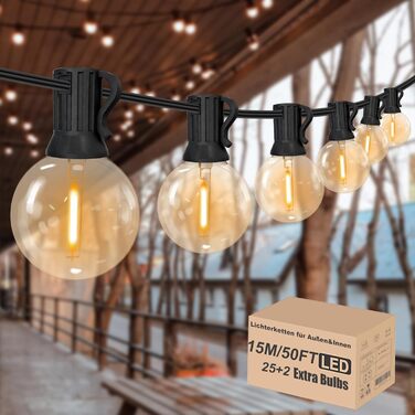 LED гірлянда на 15 метрів, тепле біле світло 2700K, 25+2 лампочки G40 E12, димер, для зовнішнього використання, сад, вечірка, тераса