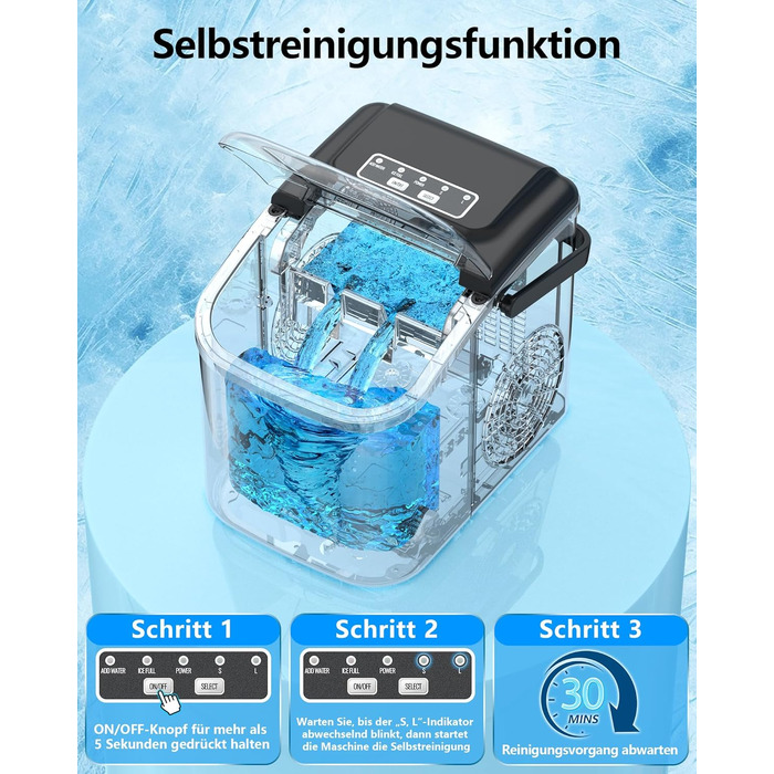Льодогенератор портативний Klein Ice Maker 12 кг/24год, швидке виробництво льоду (8 кубиків за 6 хв), 2 розміри кубиків, самоочищення для дому, кухні, кемпінгу, вечірок