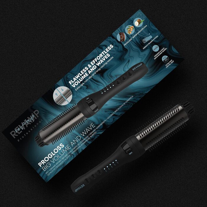 Плойка та щітка для завивки волосся Revamp Progloss Perfect Finish, керамічна з іонізацією, доглядові олії, 150°C-210°C, чорна, для об'єму та хвиль