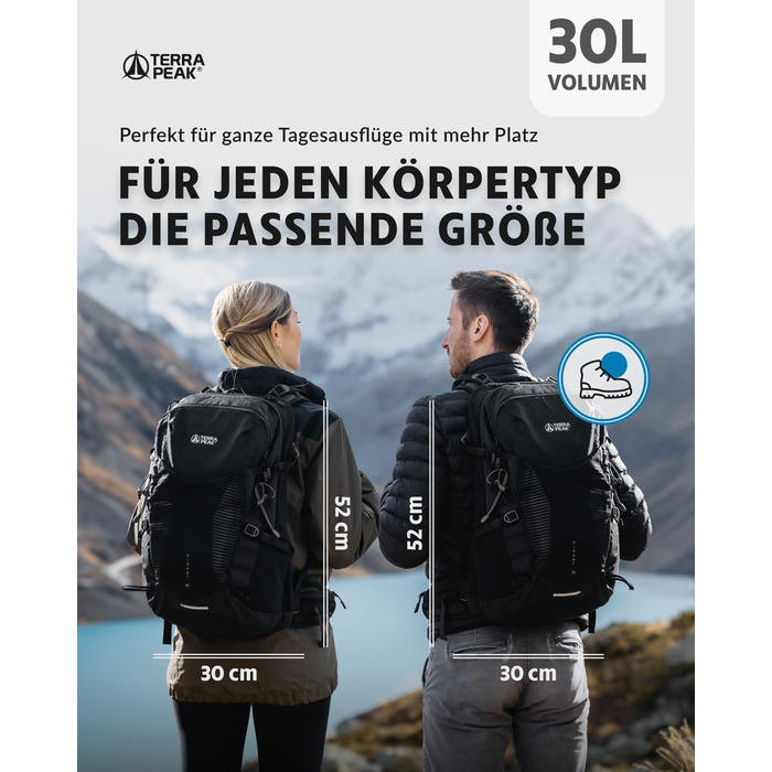 Рюкзак Terra Peak 30 л з вентильованою спинкою, тримачем для питної системи та дощовиком, чорний, туристичний для походів і прогулянок