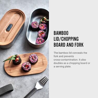 Ланч-бокс Bento BLACK+BLUM з нержавіючої сталі та бамбуковою кришкою, 2x500 мл, герметичний, з вилкою, розділювачем і обробною дошкою, Sara Kiyo Popowa Edition, для дорослих