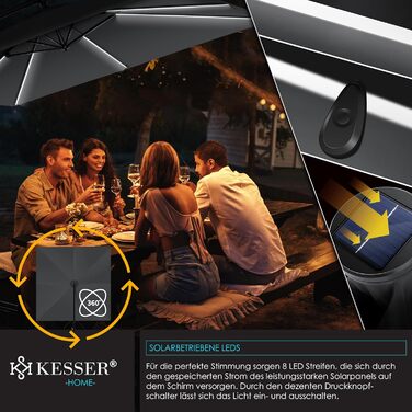 Сонячна прямокутна парасоля KESSER Holly з LED-підсвіткою, алюмінієва, з чохлом та вітрозахистом, антрацит, 350 см, водостійка, для саду, з ручкою-кривошипом, UV-захист