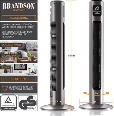 Турмовентилятор Brandson з пультом, 96 см, 3 швидкості, осциляція 60°, мобільний підлоговий вентилятор, титановий сірий, преміум якість, переможець 2025 року