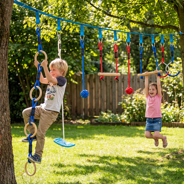 Набір для Slackline Ninja Line Kinder 10м, 9-елементний, з 2 кільцями для гімнастики та 3-в-1 гойдалкою, 2 турніками для дітей 3-8 років, багатокольоровий