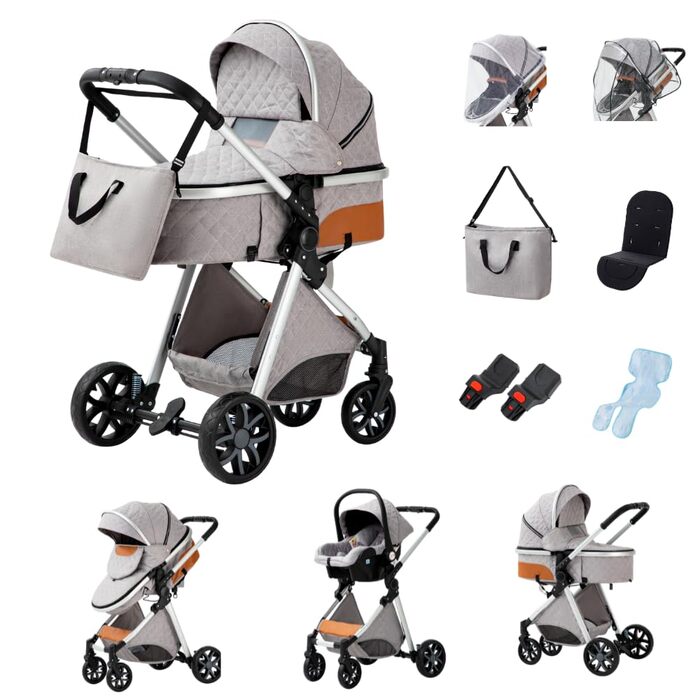 Дитяча коляска Glokid 3 в 1, комбінована модель з функцією подорожей, зручна сумка для переодягання, москітна сітка, дощовик, теплий чохол, компактне складання, положення для сну, висока посадка (LV9 світло-сірий)