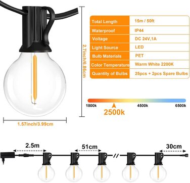 LED гірлянда для вулиці з пультом керування, 15м, G40, диммування, 4 режими, таймер, вологостійка, для саду, балкону, тераси, вечірки, кемпінгу, весілля