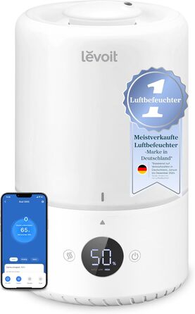 Зволожувач повітря Levoit Smart для спальні та дитячої кімнати, 3 л, кремовий. З сенсором вологості, тихий (20 дБ), з обертовою насадкою 360° для рослин.