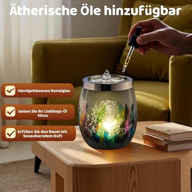 Декоративний скляний фонтан VOREEN з LED-підсвіткою, ручної роботи, жовтий, 15 см — заспокійливий фонтан для вітальні, спальні та офісу