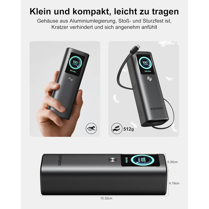 Power Bank AsperX 20000mAh, 165W, 2x USB-C (100W), для ноутбуків, iPhone, MacBook, Samsung, вбудований кабель 60см, TFT-дисплей