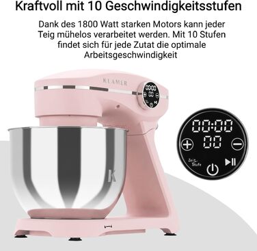 Кухонний комбайн KLAMER 1800W з чашею 6л з нержавіючої сталі, планетарний міксер для тіста з таймером, 10 швидкостей, набір насадок (гак, вінчик, міксер), колір Premium Pink