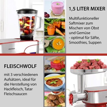 Кухонна машина Syntrox Germany Snofru, 12 л, нерж. сталь, м’ясорубка, багатофункціональний міксер, 2000 Вт, червона