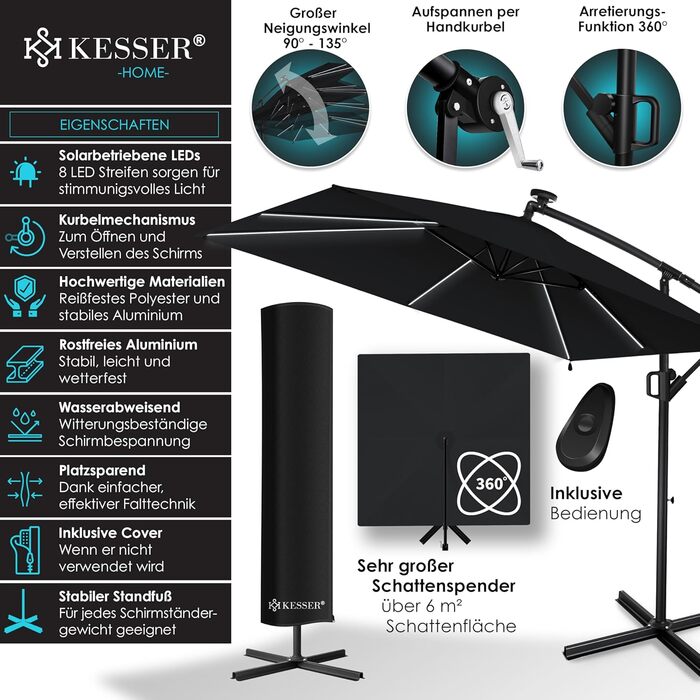 Парасолька для саду KESSER Holly з LED-підсвіткою, прямокутна, сонячна батарея, чорна, алюмінієва, водовідштовхувальна, з чохлом і фіксацією, діаметр 350 см, UV-захист, з ручкою-кривошипом і стійкою