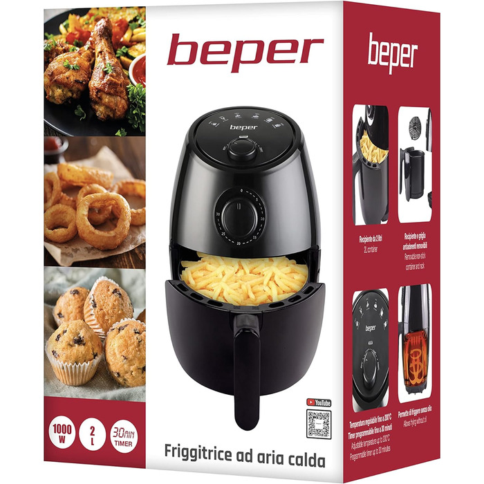 Аерофритюрниця BEPER P101FRI001, без олії, 2 л, 1000 Вт, чорна, з таймером і регулюванням температури, знімний контейнер і решітка