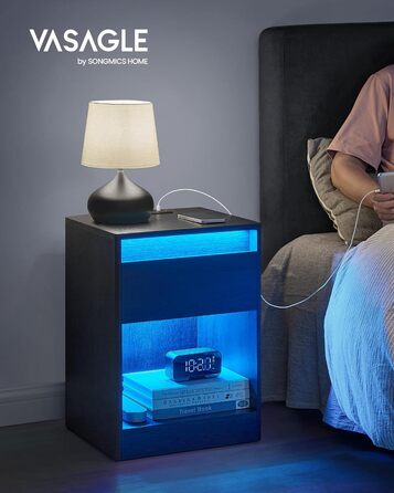 VASAGLE приліжковий столик з LED-підсвіткою, розетками та USB, сучасний, ящик, для спальні і вітальні, чорний