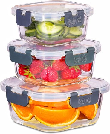 Igluu Meal Prep – Набір квадратних скляних контейнерів для їжі, 3 шт. (800 мл, 520 мл, 320 мл), герметичні, з кришками без BPA, для мікрохвильовки, духовки та посудомийної машини