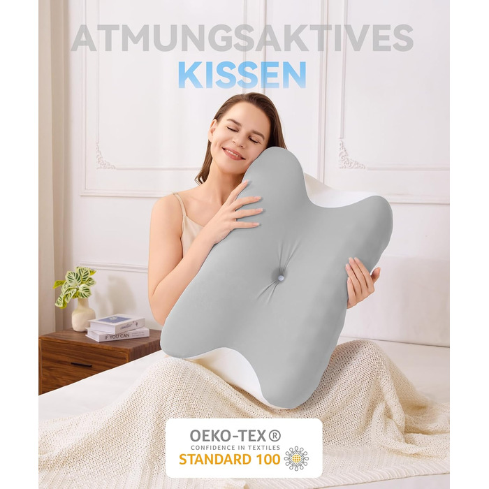 Ортопедична подушка з піни Memory Foam 2-в-1 для сну на боці, спині та животі, регульована висота, 60x41.5x10/12 см, світло-сіра