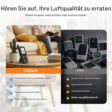 Монітор якості повітря LifeBasis 11-в-1: цифровий вимірювач параметрів повітря в приміщенні, чорний
