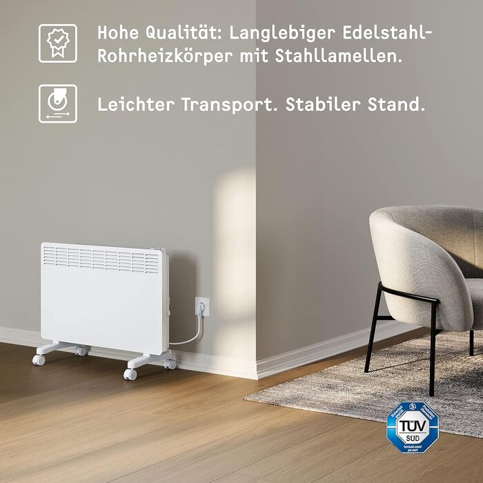 Електричний конвектор STIEBEL ELTRON 2 кВт, енергоощадний, для 25 м², з електронним керуванням, дисплеєм, колесами, білий, TÜV сертифікат