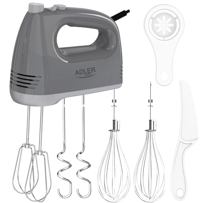 Міксер ручний ADLER 750W з насадками (вінчик, гак, лопатка, сепаратор) сірий