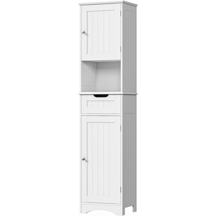 Висока шафа для ванної Bealife 170x40x30 см, біла, з регульованими полицями, відкритою нішею, шухлядою та дверцятами для ванної кімнати, вітальні, спальні