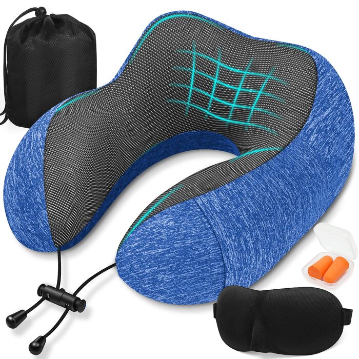Подушка під шию для подорожей з ефектом пам'яті (Memory Foam) з 3D-маскою для сну та берушами, синя — ідеальна для літака, авто та офісу
