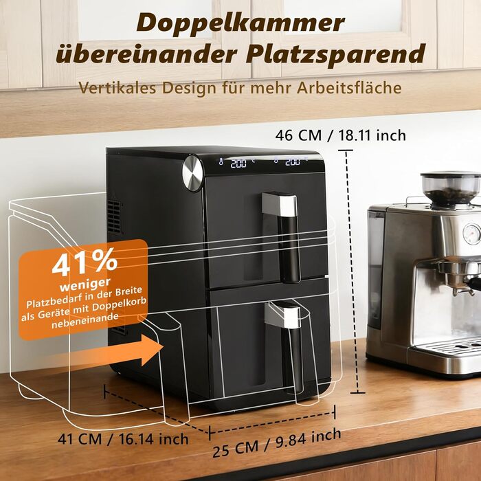 Аерофритюрниця Citybee XXL 10L (5L+5L) з двома камерами та вікном, Dual Zone Airfryer 2200W, сенсорне керування, таймер 24г, чорна