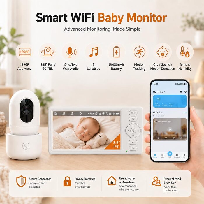 Відеоняня HelloBaby з WiFi та камерою: монітор з нічним баченням, датчиком руху, двостороннім аудіо та керуванням через додаток (5.5 дюймів, білий)