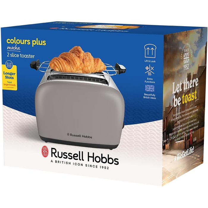 Тостер Russell Hobbs Colours Plus Edelstahl на 2 тости, Мока. Широкі слоти, підставка для булочок, 6 режимів, розморожування, Lift & Look, 1600 Вт
