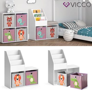 Дитяча полиця Vicco Luigi біла 72x79 см з 2 складаними боксами Лев/Крокодил