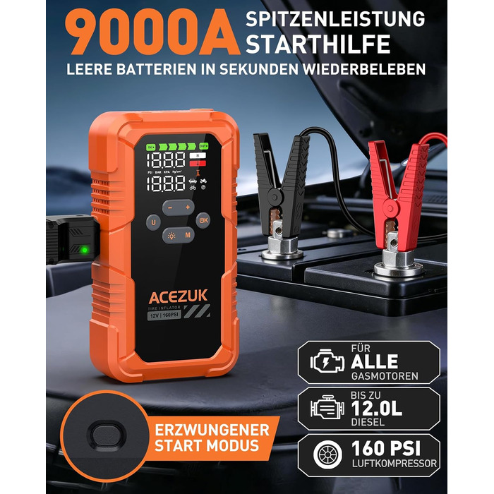Пусковий пристрій ACEZUK 9000A з компресором 160 PSI та павербанком, помаранчевий