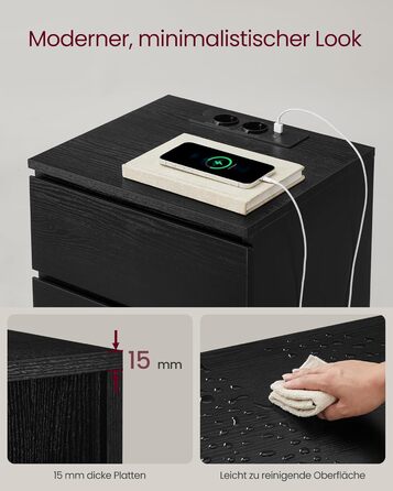 VASAGLE Приліжкові тумбочки 2 шт, 3 шухляди, з розетками та USB, сучасний дизайн, чорний ебен, для спальні, вітальні, LET831B56