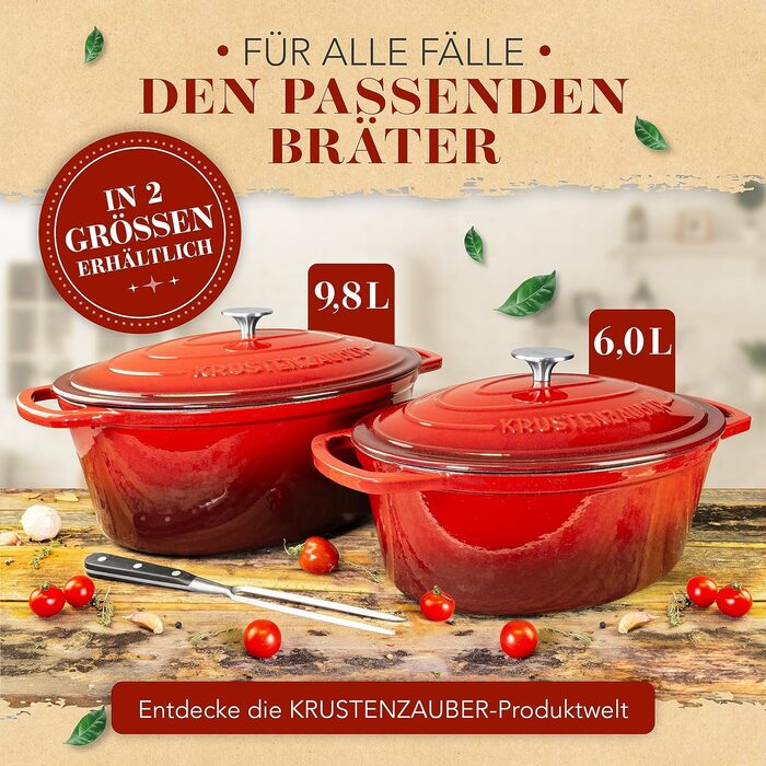 Каструля-гусятниця KRUSTENZAUBER 37,5 см з кришкою, чавунна, 10 л, для духовки та індукції, овальна, з м'ясною виделкою