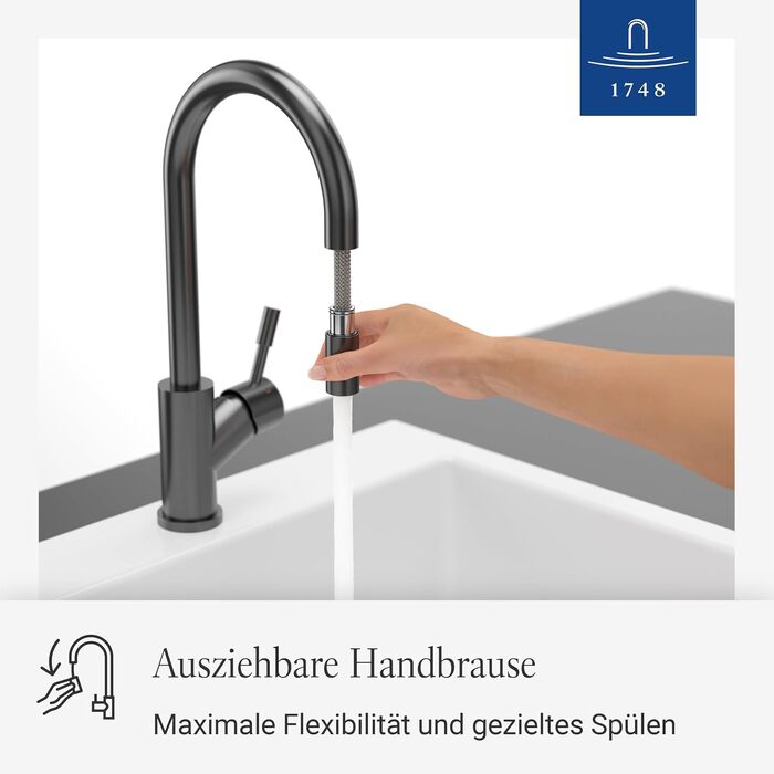 Змішувач кухонний Villeroy & Boch Umbrella Flex з висувним душем, антрацит - економія води, висота виливу 220 мм