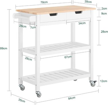 Кухонний візок SoBuy FKW68-WN з 2 шухлядами та полицями, білий, 85x90x39 см – сервірувальний роликовий шафа-сайдборд