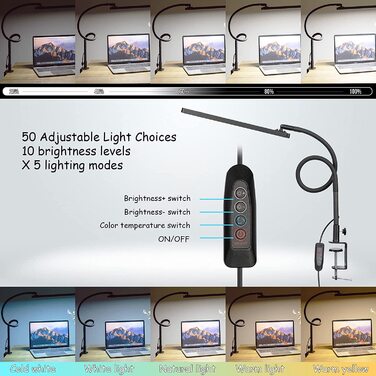 LED настільна лампа BIENSER з кліпсою, 14Вт, гнучкий шнур, 1100Лм, 5 кольорів, 10 рівнів яскравості, диміруєма, захист для очей, для офісу, чорна