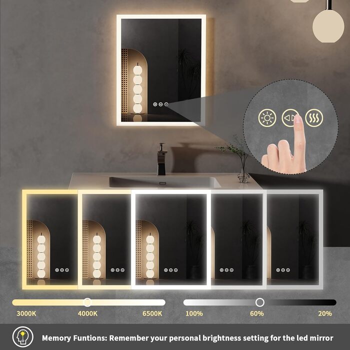 Дзеркало для ванної кімнати LED LUVODI 40x50 см з підсвічуванням, сенсорне керування, 3 кольори, регулювання яскравості, антизапарник