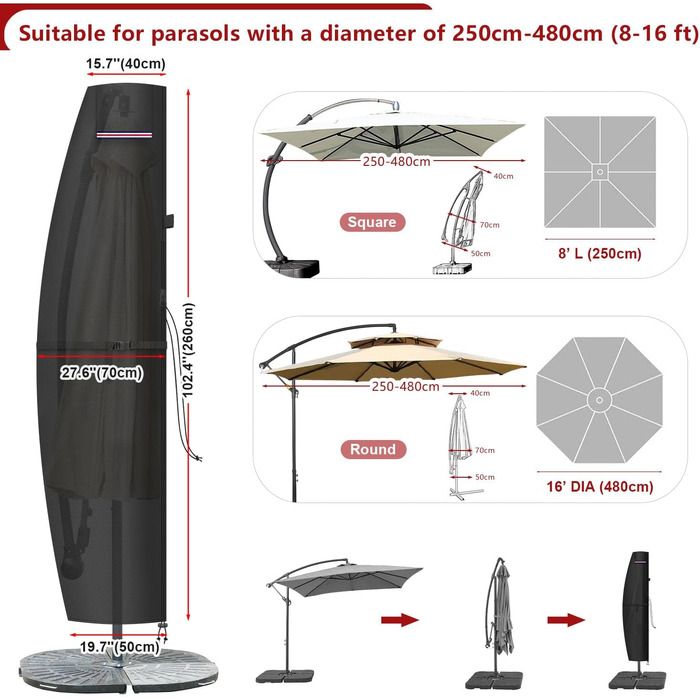 Чохол для парасольки садово-вуличний LAMUNI 420D Oxford Ø500 см, 260x40/70/50 см