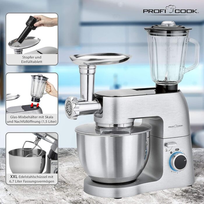 Планетарний міксер ProfiCook PC-KM 1189 3в1, м’ясорубка, міксер, алюмінієвий корпус, 1500 Вт, 8 швидкостей, 6,7 л, сріблястий