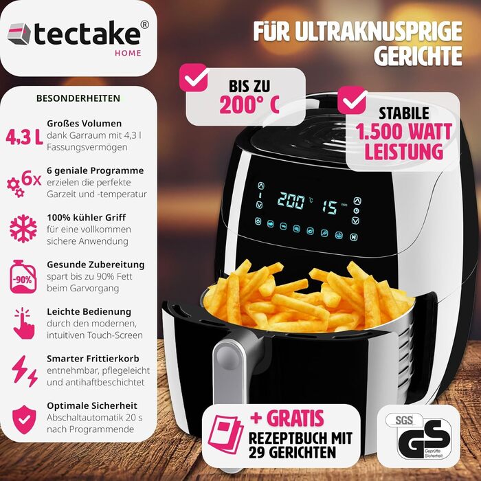 Електрична аерофритюрниця Tectake 4,3 л, сенсорна панель, антипригарний кошик, 6 автоматичних програм, без масла і жиру, з рецептурником, чорна