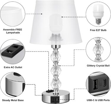 Настільна лампа Kakanuo з димером, 2 шт, кришталева, USB-A+C, LED, сучасна, білий текстильний абажур, для спальні, вітальні, офісу, готелю, 37 см