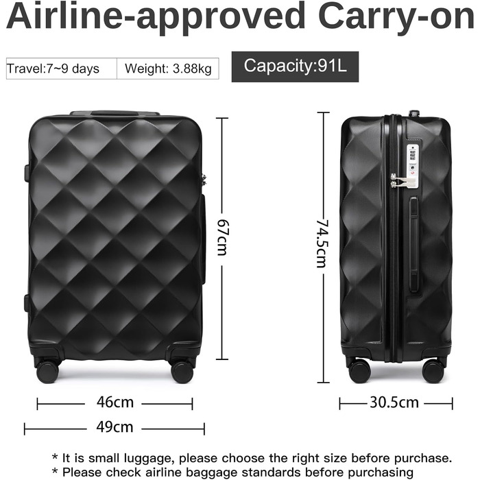 Валіза British Traveller XL, жорсткий корпус, 74.5×49×30.5 см, чорна, ABS+PC, з TSA-замком, велика дорожня валіза на колесах для подорожей
