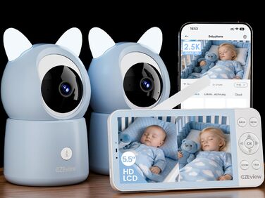 Відеоняня з камерою 2.5K та 5.5" HD екраном, нічний режим, Wi-Fi, додаток, музика, нічник, датчик руху (Синій, 2 камери)