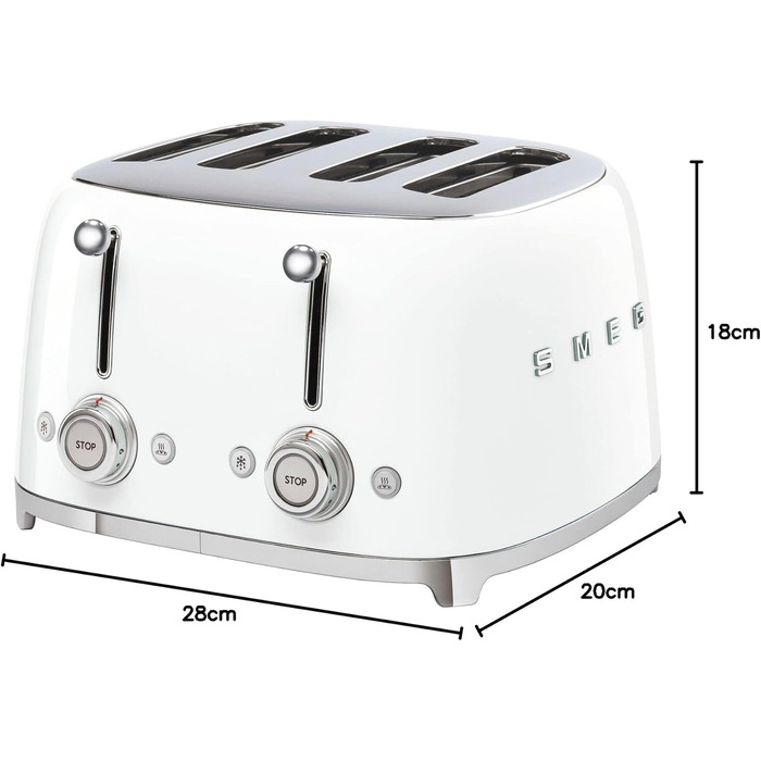Тостер Smeg TSF03WHEU 4-секційний білий, 6 режимів, підігрів, розморожування, функція бейгл, 2000 Вт
