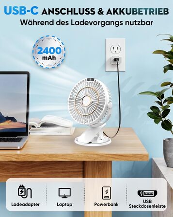 Портативний USB вентилятор COZII Mini з LED-дисплеєм, 5 швидкостей, 720° поворот. Для дому, офісу, дитячого візочка. Білий