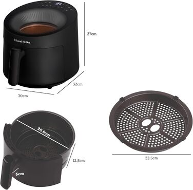 Аерофритюрниця Russell Hobbs SatisFry Panoramic 5 л, 10 програм, з оглядовим вікном, без олії, для фритюру, грилю, запікання, до 200°C, чорна, модель 27420-56