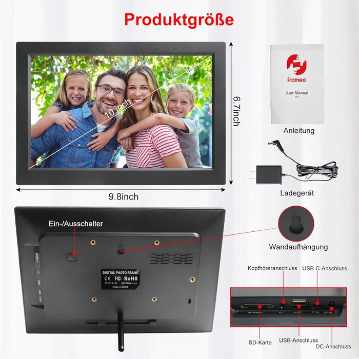 Цифрова фоторамка FRAMEO 10,1 дюйма з Wi-Fi, 1280 x 800 HD IPS LCD сенсорний екран Smart Cloud Photo Frameo з 16 ГБ пам'яті