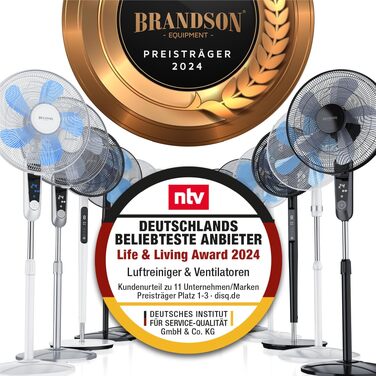 Вентилятор підлоговий Brandson 50 Вт, 40 см, білий: регульована висота, нахил 30°, 3 швидкості, коливання 80°