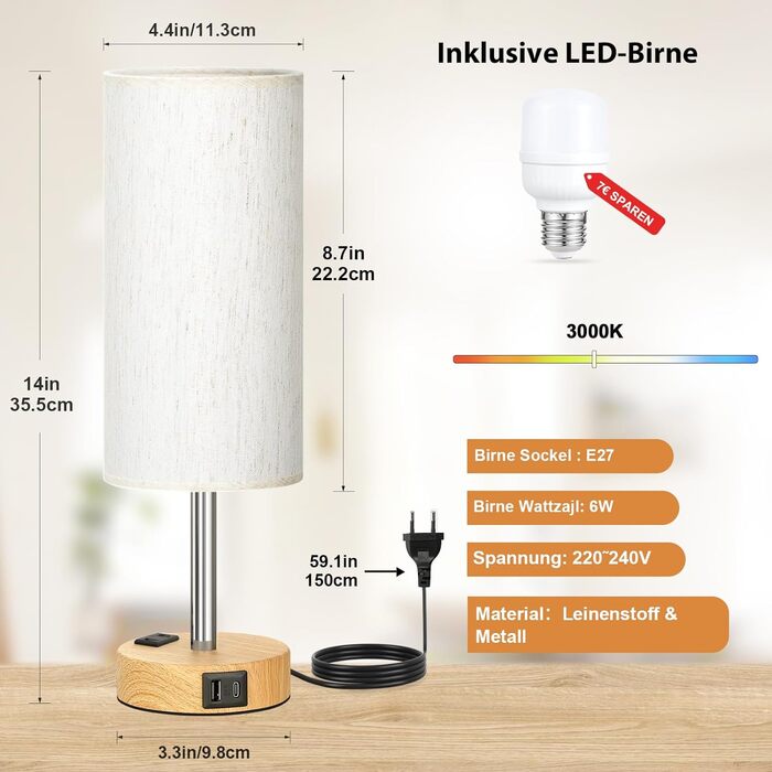 Настільна лампа Kakanuo з димером, сенсорним керуванням, USB-A+C, LED, комплект 2 шт., лляний абажур, для спальні, вітальні, офісу, бежевий колір